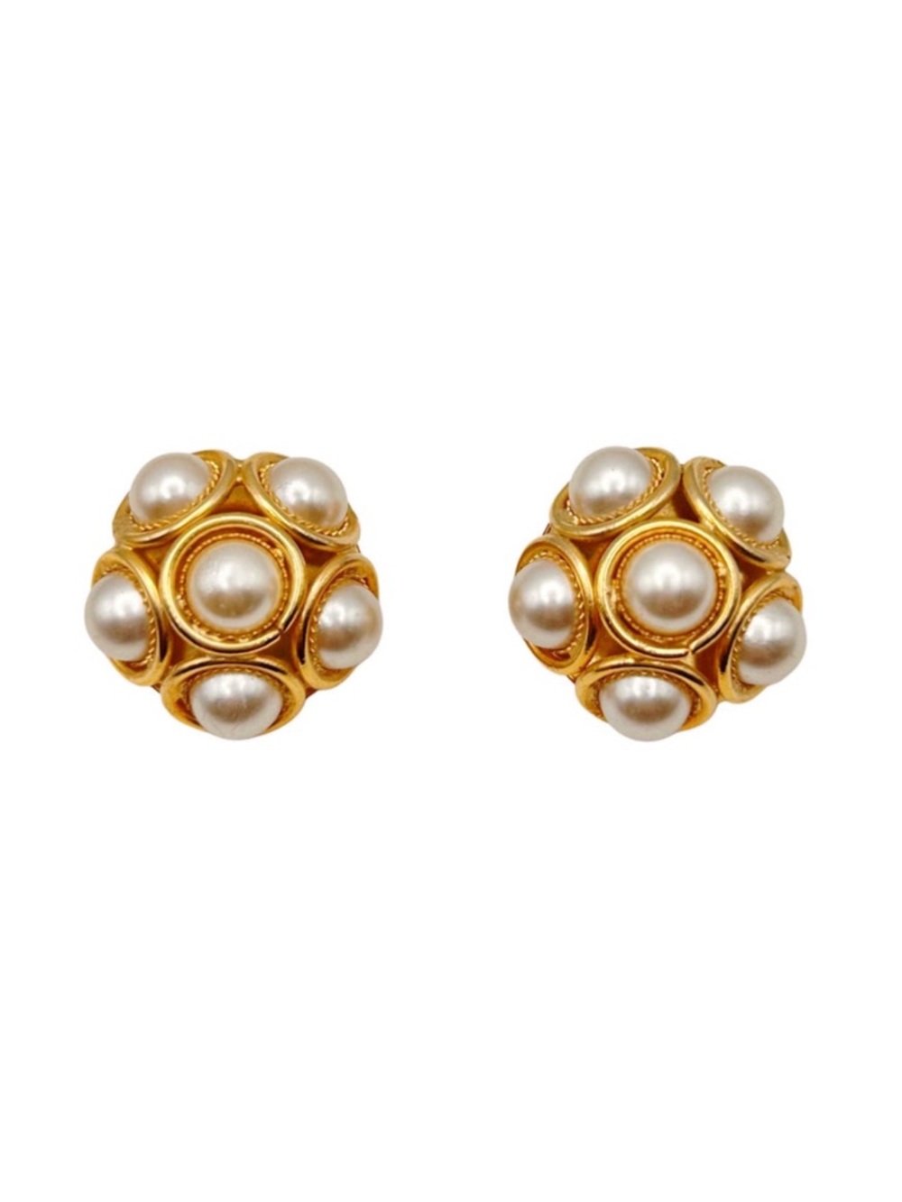 Vintage Gold Tone Faux Pearl Cabachon Cluster Earrings
